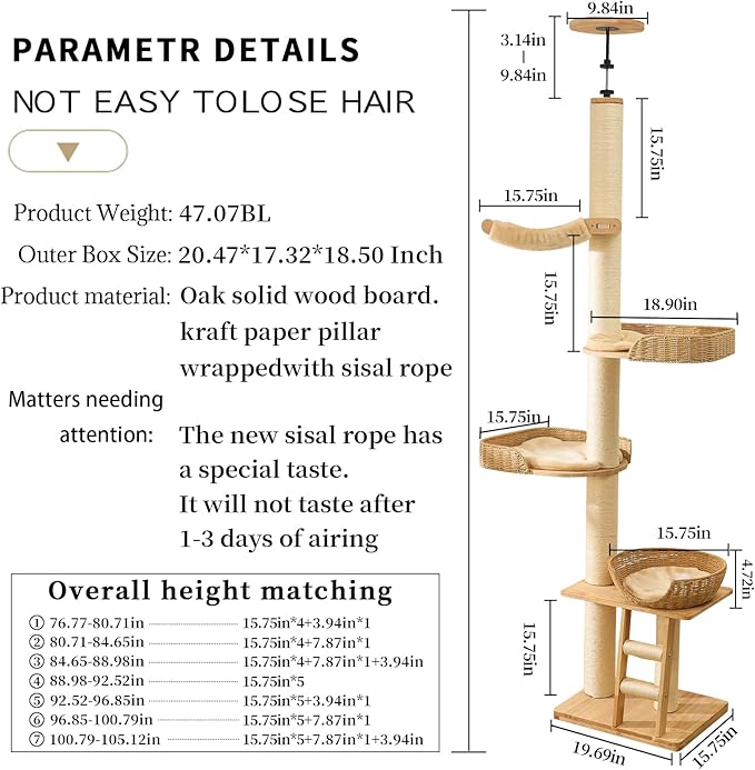 Floor to Ceiling Cat Tree with Scratching Posts, Adjustable Height(77-105 Inches), Corner Tall Cat Tower with Woven Condos & Ladder, Large Sturdy Cat Tower for Indoor Cats