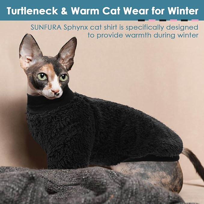 SUNFURA Sphynx Cat Sweater, Hairless Cats Turtleneck Pullover Kitten Sweaters for Cats Only, Warm and Soft Cat Pajamas Shirt with Sleeves Pet Winter Clothes Fleece Jumpsuit for Puppy, Black L