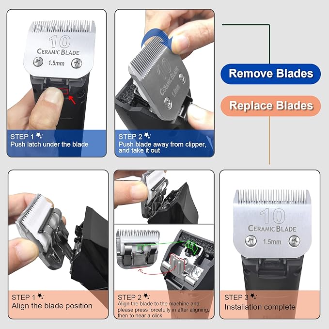 10 Pack Detachable Pet Dog Grooming Clipper Ceramic Blade Sets,Compatible with Andis Size 10 Cut Length 1/16"(1.5mm),Compatible with andis/Oster A5/Wahl 10KM Series Clippers