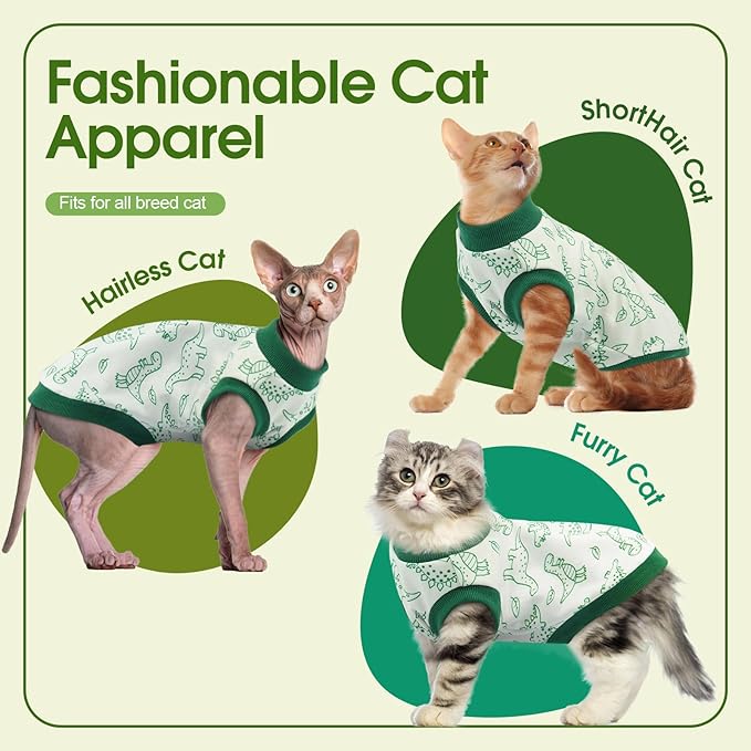 Sphynx Hairless Cat Clothes with Dinosaur Print, Pullover Kitten T-Shirts Vest, Sleeveless Bodysuit Cat Pajamas Jumpsuit, Breathable Daily Wear Clothes for Cats