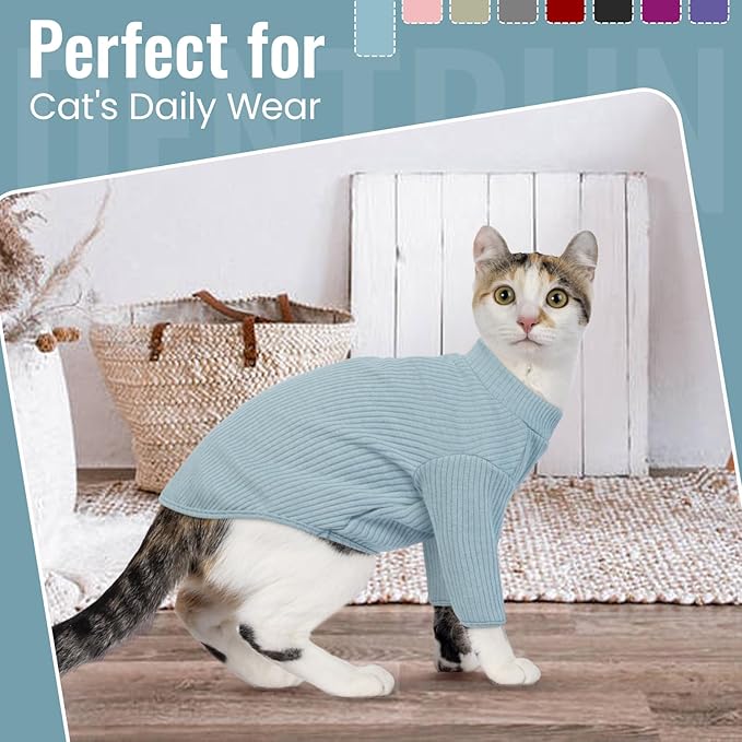 DENTRUN Sphynx Hairless Cats Shirt Pullover Kitten T-Shirts, Breathable Cat Wear Turtleneck Sweater Adorable Cat's Clothes Vest Pajamas Jumpsuit