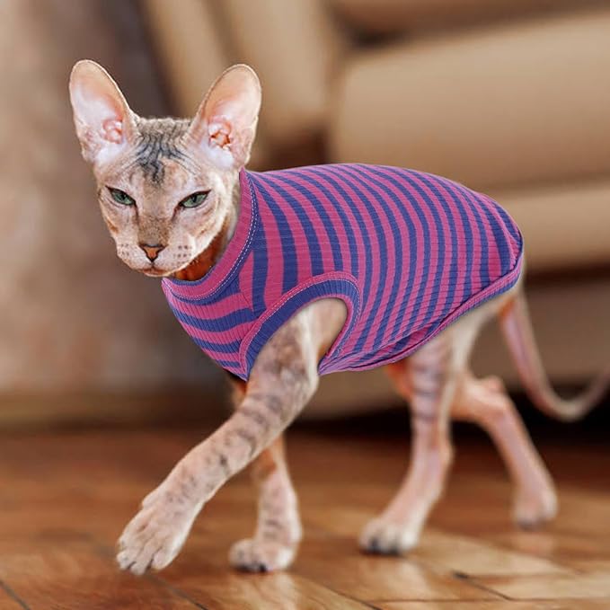 BRKURLEG Sphynx Hairless Cats Shirt Puppy Clothes Soft Cotton T-Shirts Cute Cats Pajamas Cat Stripes Vest Pet Sweater, Round Collar Vest Kitten Shirts(PinkBlue Stripes, XL)