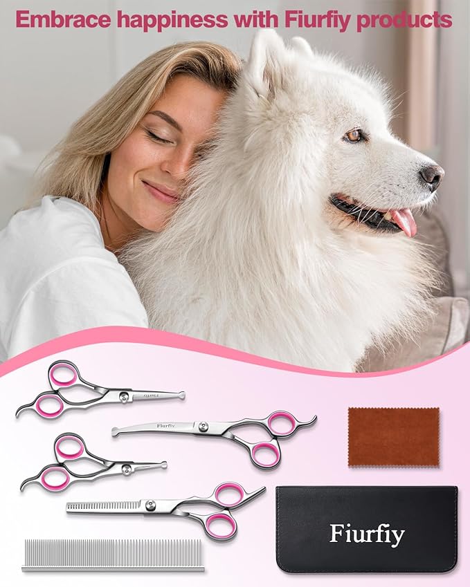 Furry Grooming Scissors with Safety Round Heads. Dog Grooming Scissors, 5CR 6 in 1 Dog Grooming Scissors, Curved Dog Grooming Scissors, Professional Pet Grooming Scissors Set for Dogs and Cats