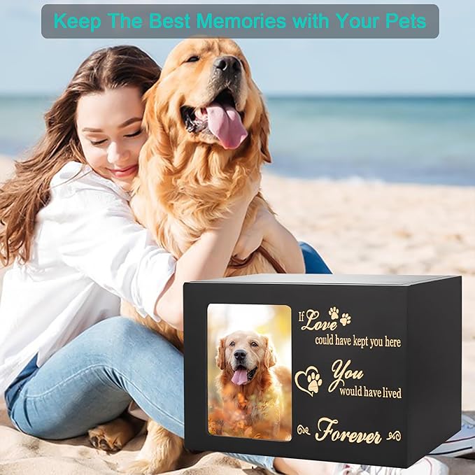 Pet Memorial Urns for Dog or Cat Ashes, Large Wooden Funeral Cremation Urns with Photo Frame, Memorial Keepsake Memory Box with Black Flannel as Lining, Loss Pet Memorial Remembrance Gift