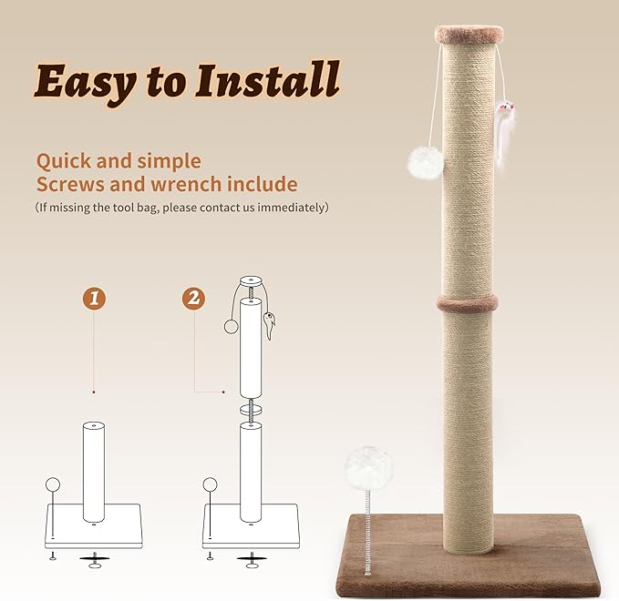 36'' Tall Cat Scratching Post, Large Sisal Scratch Post for Indoor Cats, Sturdy Cat Scratcher Tower, Vertical Cat Scratch Pole, Modern Cat Furniture for Kittens & Adult Cats (Brown)