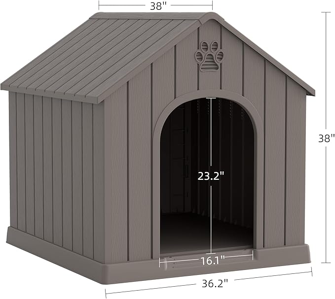 Large Dog House Outdoor Indoor for Medium Large Dogs, Durable Plastic Waterproof Doghouse with Air Vents and Elevated Floor, Easy Clean and Assemble (Grey, 36.2''LĂ38''WĂ38''H)