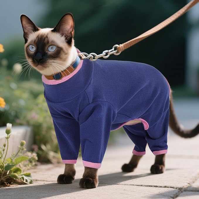 DENTRUN Cat Clothes for Hair Control with Hair Sticky Fabric - Soft Recovery Suit & Breathable Lint-Resistant Cat Sweater for Cats Only, Kitten Onesie Pajamas, XL, Blue