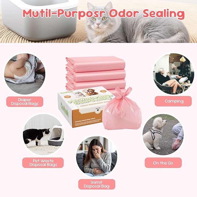 Odor-Sealing Dog Poop Bags with Handles, 160-Count Large Capacity (5L) Pet Waste Bag, Unscented Poop Bags for Dogs or Cat Litter, Conceals Smell & Mess(Pink)