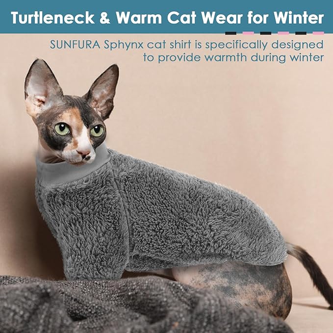 SUNFURA Sphynx Cat Sweater, Hairless Cats Turtleneck Pullover Kitten Sweaters for Cats Only, Warm and Soft Cat Pajamas Shirt with Sleeves Pet Winter Clothes Fleece Jumpsuit for Puppy, Grey L