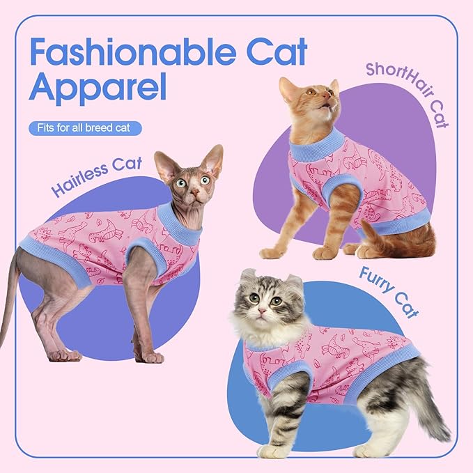 Sphynx Hairless Cat Clothes with Dinosaur Print, Pullover Kitten T-Shirts Vest, Sleeveless Bodysuit Cat Pajamas Jumpsuit, Breathable Daily Wear Clothes for Cats