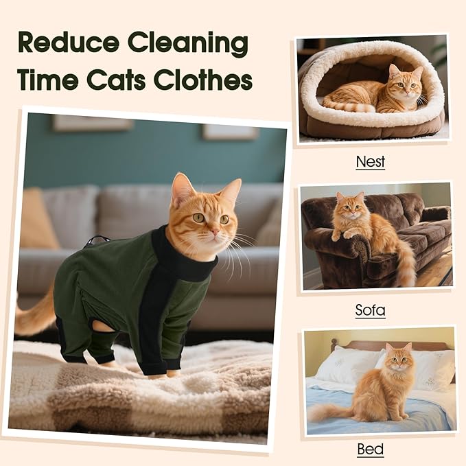 DENTRUN Cat Clothes with Anti-Shedding Fabric - Soft Recovery Suit & Breathable Lint-Resistant Cat Sweater for Wound Care & Hair Control, Kitten Onesie Pajamas, XL, Army Green