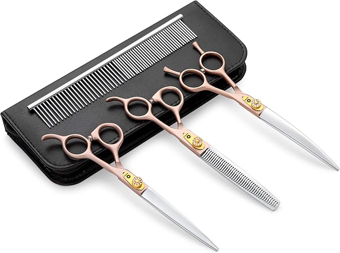 7 Inches Professional Pet Grooming Scissor, 440C Japanese Steel Straight & Curved & Thinning & Chunker Shears/Scissors for Dog Cat and More Pets (7 inch-Grooming Scissors Set)