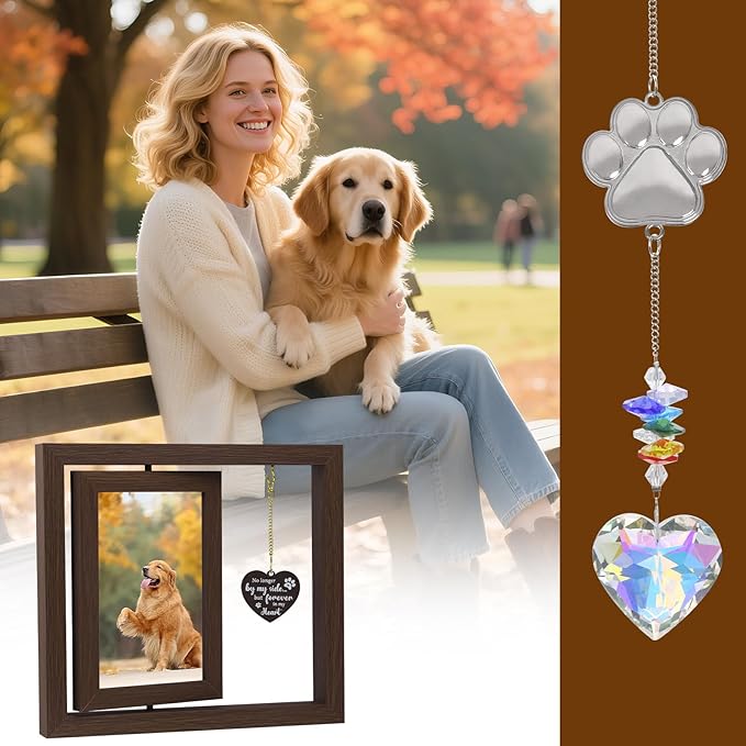 Dog Memorial Gifts for Loss of Dog Wooden Picture Frames for 4x6 Photos,2 Inch Color-Heart Shape Crystal Suncatcher, Pet Memorial Gifts for Dogs Bereavement Sympathy Gifts