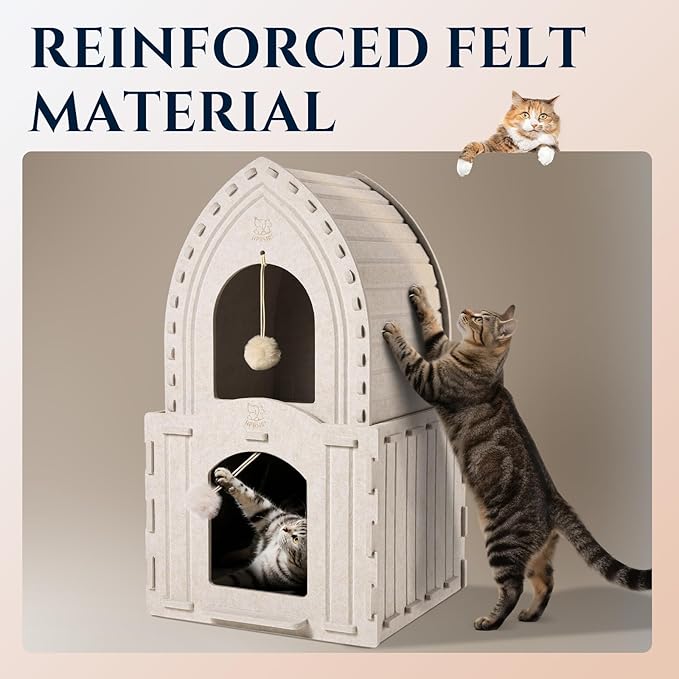 Apasiri 2-Story Cat House for Indoor Cats: Convertible 2-in-1 Felt Cat Condo, Scratch-Resistant Cat Beds, Hideaway Cave for Multi Small Pet Kitten to Relief Anxious, Transitional Modern Cat Furniture