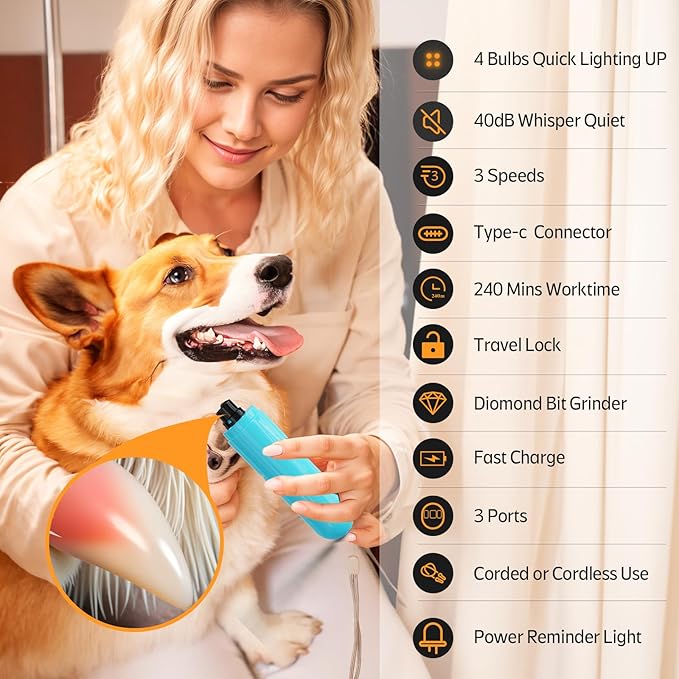 YABIFE 4-Lights Dog Nail Grinder, Easy Quick Locate Dog Nail Trimmers, for Puppy Paw Toenails or Pets from Small, Medium to Large, with Travel Lock, Whisper Quiet, Heavy Duty 3 Speeds