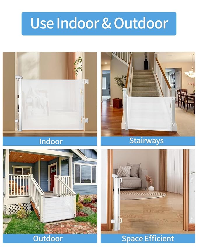 (2 Pack) Retractable Baby Gate for Doorways and Stairs, Mesh Safety Gate for Pet, Indoor & Outdoor Use, One-Hand Operation, Easy Installation, 33.6" Tall, Expands to 55" Wide(White,33.6"x55")