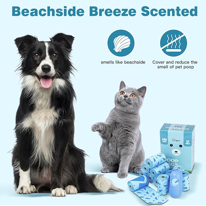 Joyeux 240 Count Ocean Scent Dog Poop Bags Rolls,with Dispenser,Leak-Proof Large Doggie,Extra Thick Poop Bag for Dogs,Cats Litter Bags,Blue Trash Bags for Doggy Pets Bolsa de Popo de Perro