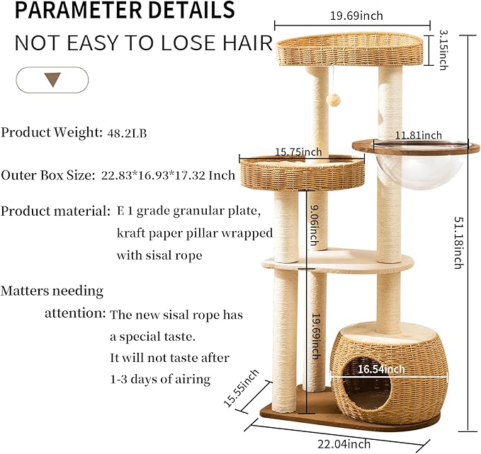 Big Cat Tree for Large Cats - Multi-Cat Tower with Natural Sisal & Handwoven Basket, Extra Sturdy Base, Breathable Perch - Rustic Wood Style Cat Furniture for Indoor Cats