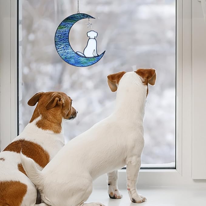 Dog Memorial Gifts for Loss of Dog Sympathy Gift, Stained Glass Dog Decor on Moon Window Hanging Suncatcher Pet Memorial Gifts Sympathy Pet Loss Gifts for Dog Lovers