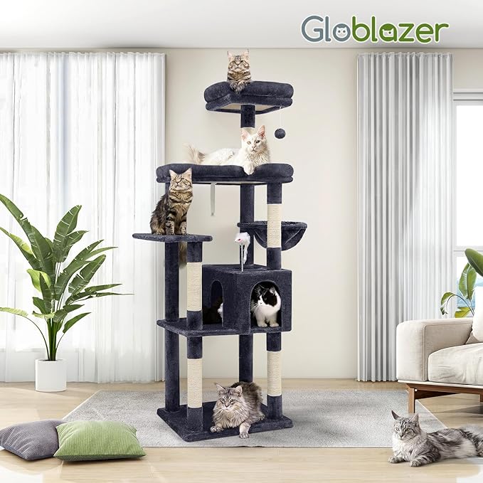 Globlazer Sturdy Cat Tree, 68-inch Large Cat Tower for Indoor Adult Cats 20 lbs Heavy Duty Cat Tree for Big Cats with Extra Large Platform, 5 Scratching Post, S68, Dark Grey