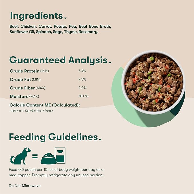 Jinx Beef Wet Dog Food Pouches, Meal or Dog Food Topper Mix-in, Made with Real Beef & Chicken, Bone Broth & Brown Rice, No Fillers, Puppy, Adult, Senior, 3oz, 8 Pack