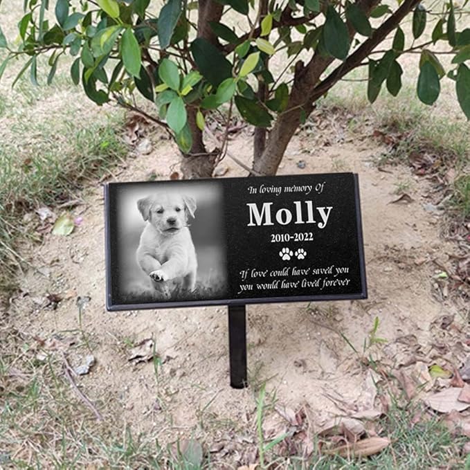 ILoveU Personalized Pet Memorial Stones, Memorial Plaque for Pets, Dog, Cat, Black Granite Memorial Garden Stone Engraved with Photo, Dog Memorial Grave Markers Pet Memorial