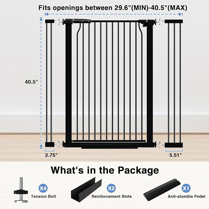 40.55" Extra Tall Baby Gate for Stairs-29.6"-40.5" Wide 1.37" Ultra Narrow Spacing Extra Wide Pet Cat Gate Dog Gate-Auto-Close Pressure Mounted Dog Door for Pets and Kids,Black(29.6"-40.5")
