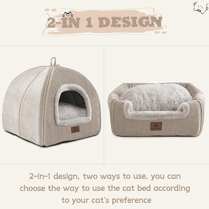 WINDRACING Cat Bed for Indoor Cats - Cat House Cats Tent with Removable Washable Cushioned Pillow, Soft and Self Kitten beds,for Small and Medium Pet Bed, Beige