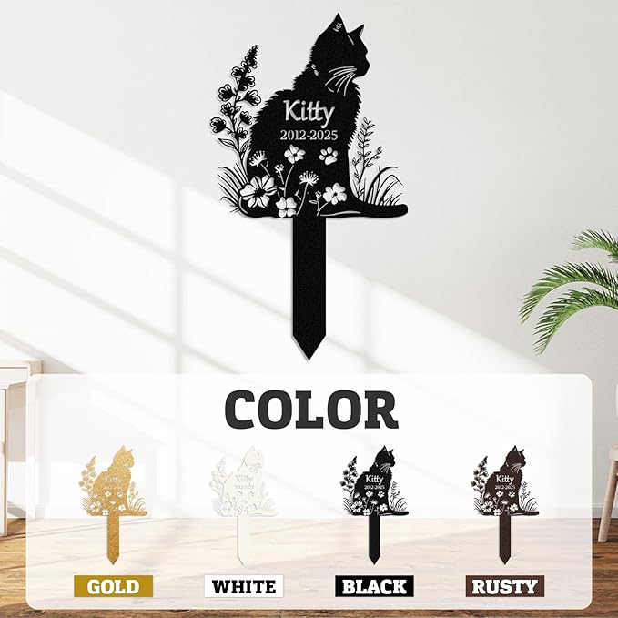 Personalized Pet Graves Marker Cat, Metal Memorial Plaques for Outdoor Graveyard Garden Yard, Custom Waterproof Pet Headstone with Name & Date, Cat Memorial Gifts for Loss of Cat Color03