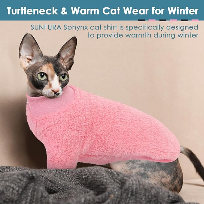 SUNFURA Sphynx Cat Sweater, Hairless Cats Turtleneck Pullover Kitten Sweaters for Cats Only, Warm and Soft Cat Pajamas Shirt with Sleeves Pet Winter Clothes Fleece Jumpsuit for Puppy, Pink M
