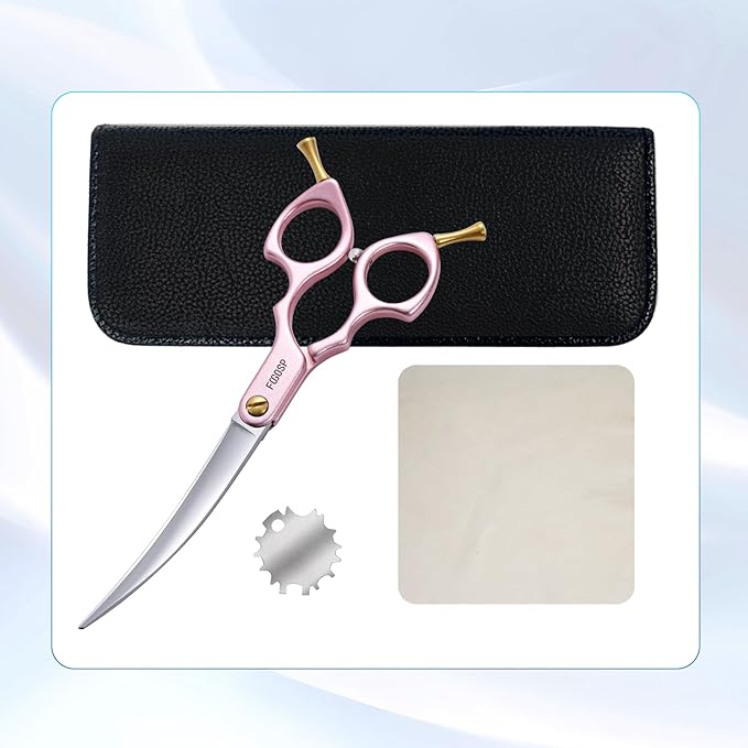 Professional Curved Dog Grooming Scissors with Sharper Self Grinding lightweight and finely trimmed split structure 6.5'' Japan VG10 63HRC for small dogs cat pet(Pink)