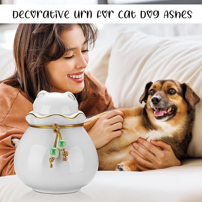 SOITIS Pet Memorial Urn for Cat or Dog Ashes - 3.54"x3.15" Elegant Ceramic Keepsake Holder with Cat-Shaped Lid & Gold Trim, Small White Urn for Pet Ashes