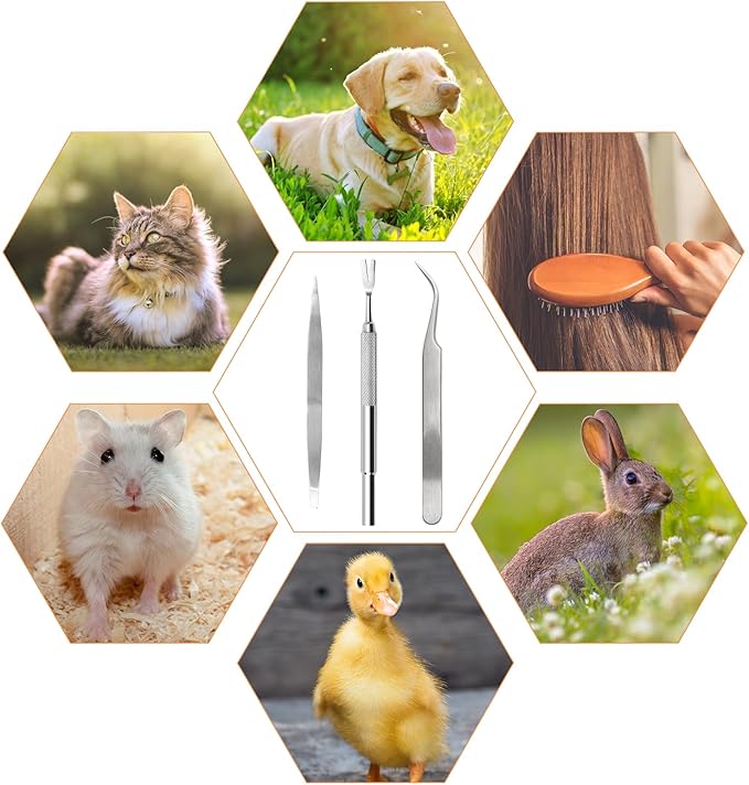 3 in 1 Tick Remover Kit, Stainless Steel Tick Remover Tweezers Tools Set for Pet Dog, Cat, with Storage Box (Silver)