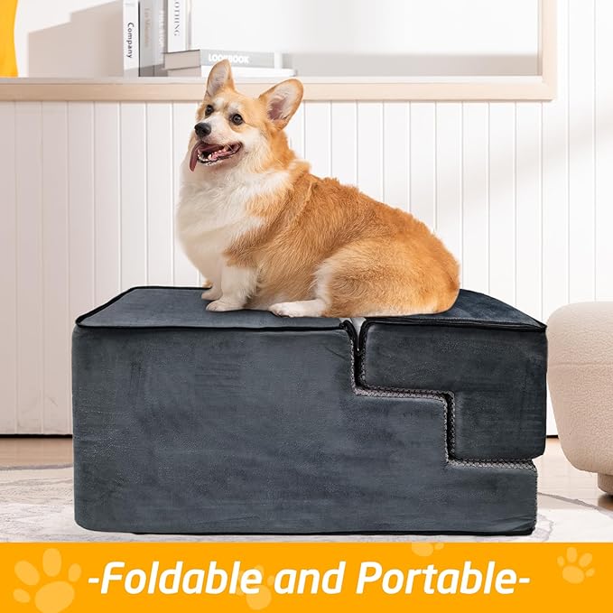 23" H Dog Stairs for Small and Medium Dogs 5-Step Ramps for High Beds and Couch Non-Slip Extra Wide Pet Stairs for Old Dogs and Puppy and Cat - Stable & Durable with Machine Washable Cover Indoor