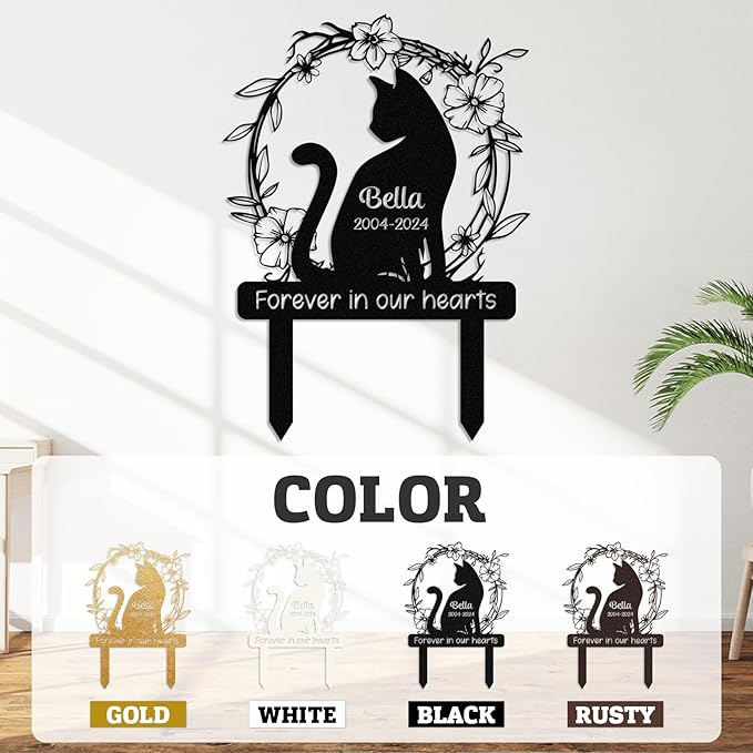 Personalized Pet Graves Marker Cat, Metal Memorial Plaques for Outdoor Graveyard Garden Yard, Custom Waterproof Pet Headstone with Name & Date, Cat Memorial Gifts for Loss of Cat Color01