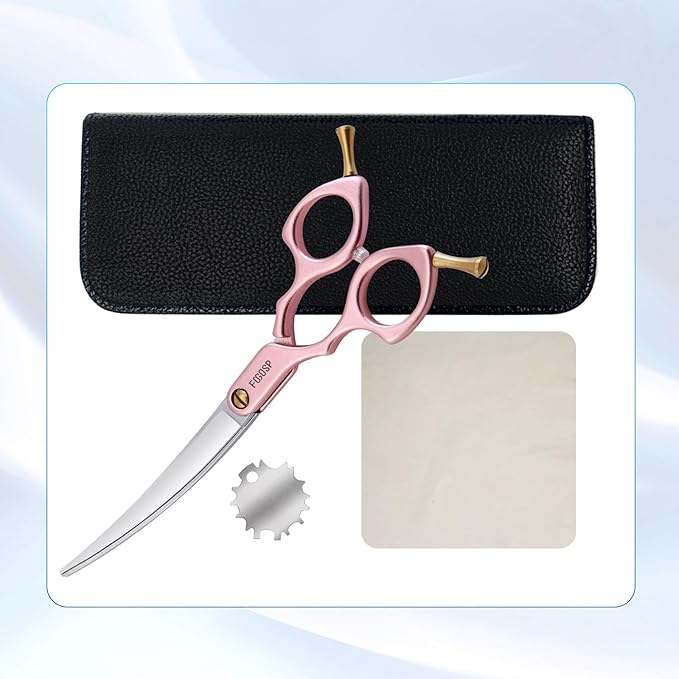 Professional Left Handed Curved Dog Grooming Scissors with Sharper Self Grinding lightweight and finely trimmed split structure 6.5'' Japan VG10 63HRC for small dogs cat pet(Pink)