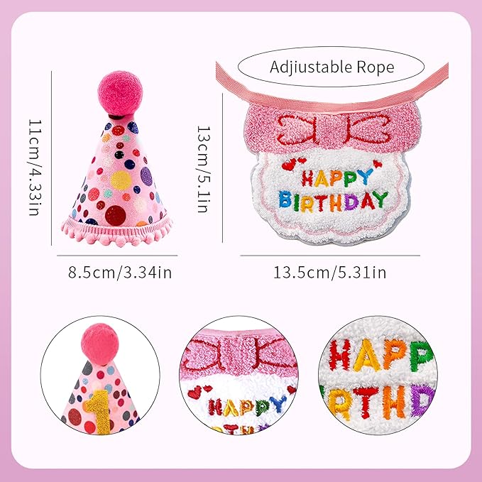 Cat Birthday Hat Decoration & Outfit Set - Adjustable Party Hat with Numbers, Bandana Bow Tie & Balloon Supplies for Cat Costume Photo Shoots (Pink)