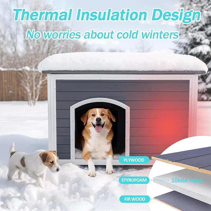 Geguri Large Outdoor Wooden Dog House for Medium to Large Dogs | Weatherproof Asphalt Roof, Chew-Resistant Frame,Indoor/Outdoor Use (Grey, 43.3" L × 26.4" W × 29.5" H)