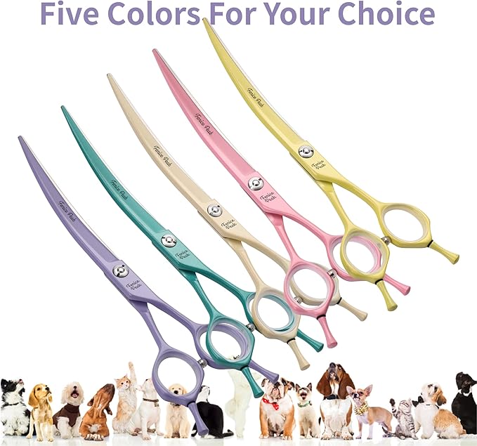 Fenice Peak Curved Dog Grooming Scissors with Cream Color Coating 440C Stainless Steel Pet Grooming Bending Shears Sharp and Durable Comfortable Engonomic Handle