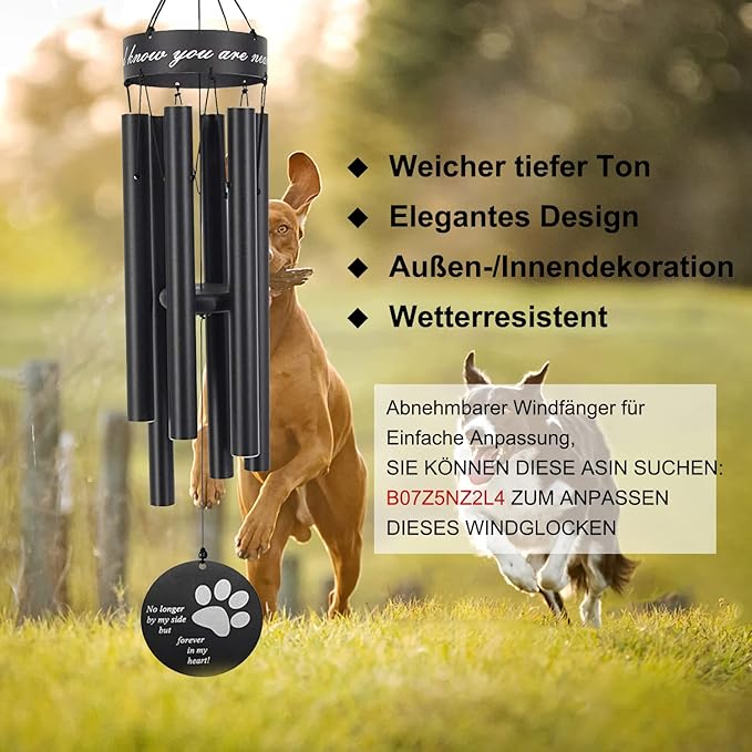 Pet Memorial Wind Chime, 30 Inches Paw Print Pet Remembrance Gift to Honor and Remember a Dog, Cat, or Other Pet, Premium Metal Wind Chime, Black