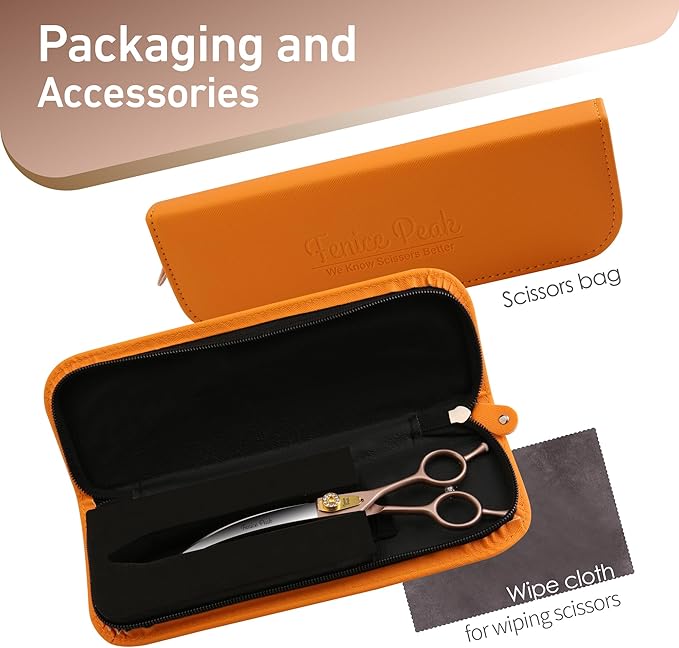 Fenice Peak 45° Extra Curved Dog Grooming Scissors 440C Stainless Steel 7.5'' Big Arc Curved Shears Rose Gold Sharp and Durable Trimming Scissors for Dogs and Cats
