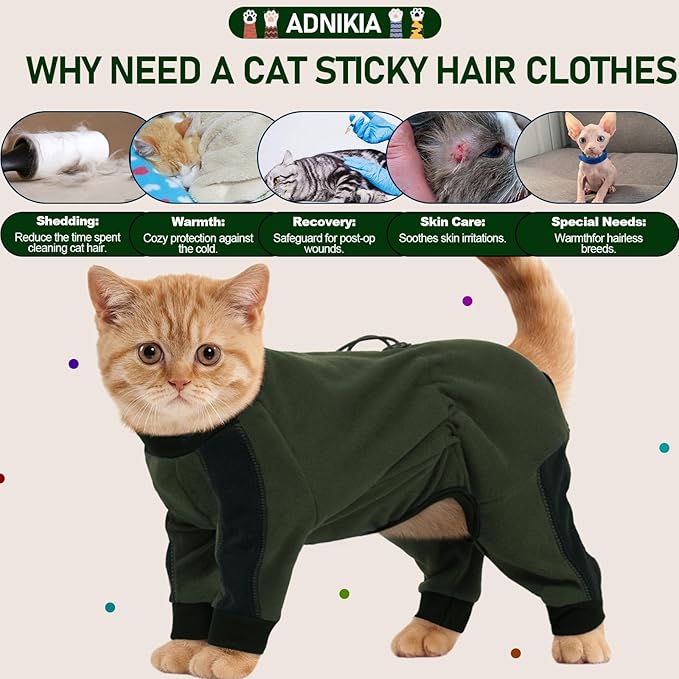 Cat Pajamas for Cats Only, Sticky Hair Cat Clothes, Long Sleeve Sphynx Clothes, Anti-Licking or Skin Disease Recovery Suit for Female Cats, Kitten Onesie Pajamas, ArmyGreen, L