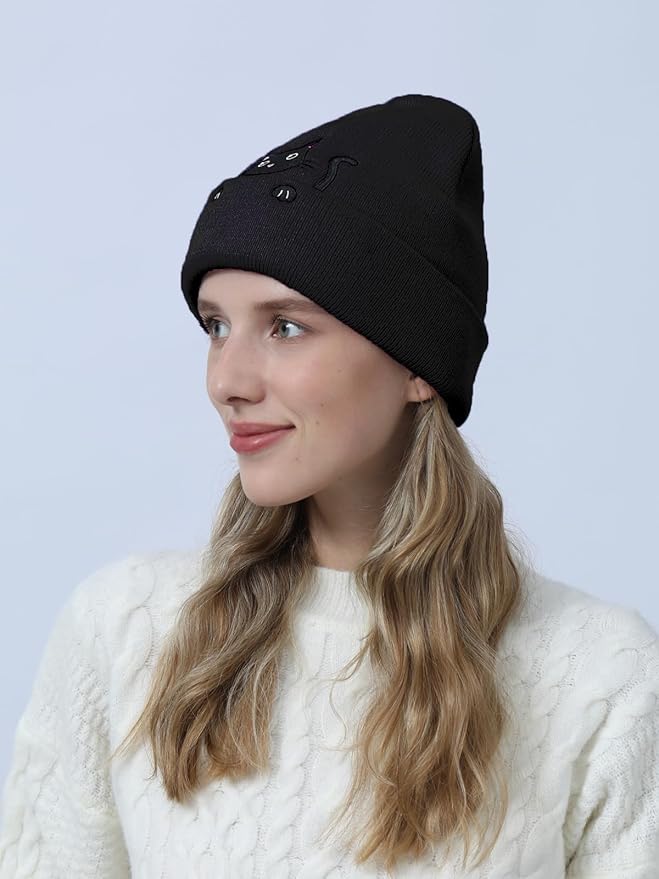 Women’s Cat Beanie Cute Cat Lover Gifts Animal Knitted Hats Christmas Stocking Stuffers for Women Girls