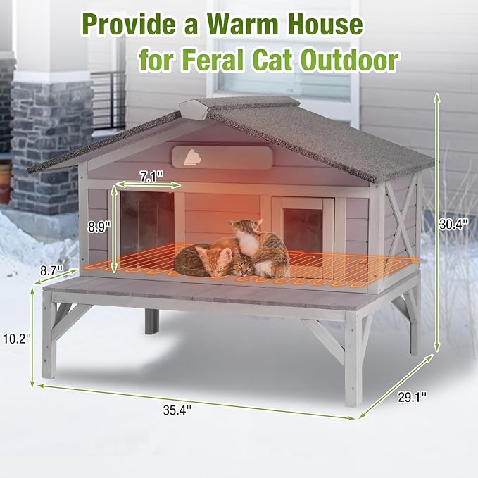 GUTINNEEN Heated Outdoor Cat House Weatherproof Large Cat Shelter with 100% Insulated Liner for Multiple Cats, Cat Houses for Indoor Cats(Grey)