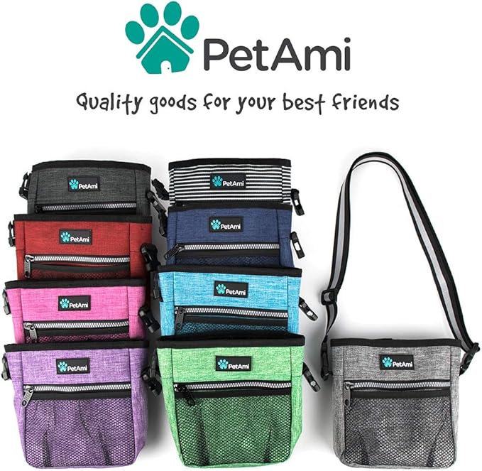 PetAmi Dog Treat Pouch, Pet Treat Pouch for Training, Dog Walking Bag Holder for Kibbles, Pet Food Toy, Dog Trainer Essentials Supplies, Poop Bag Dispenser, 3 Ways to Wear (Black Stripes)