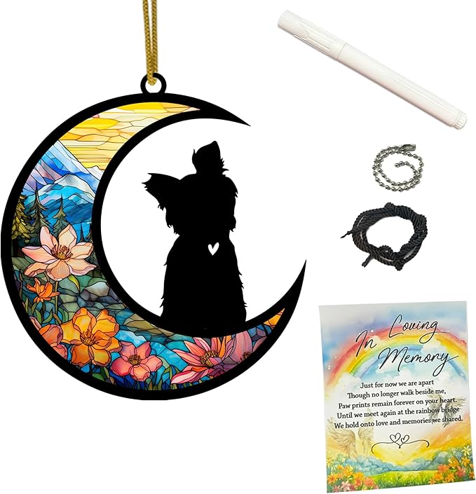 Yorkshire Terrier Memorial Suncatcher, Personalized Dog Loss Gift with Name & Date, Rainbow Bridge Remembrance for Yorkie Dog Lover, Sympathy Pet Bereavement Gifts, Hanging Window Decor
