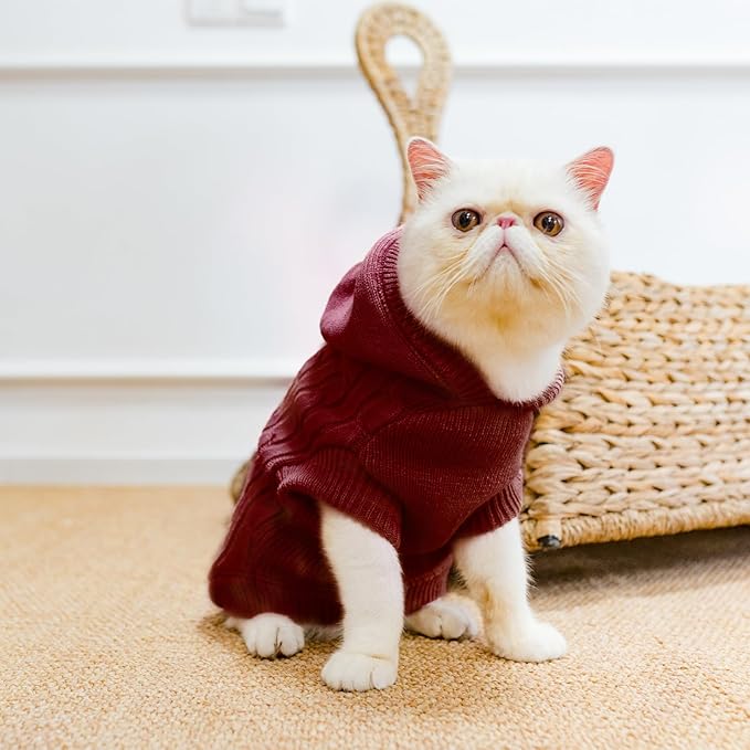 PUPTECK Winter Dog Cat Sweater Coat - Soft Cold Weather Clothes Knitwear for Kitties & Small Dogs Indoor Outdoor Walking Warm, Knitted Classic for Doggies Kitties Girls Boys, Dark Red S