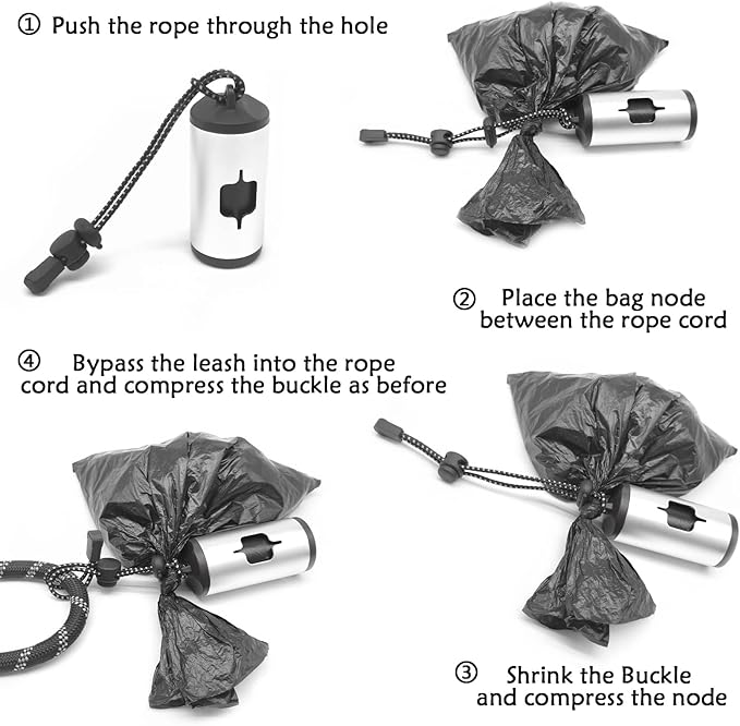 Aluminum Dog Poop Bags Holder with Carabiner Metal Pet Waste Bags Dispenser with Hook and Loop Fastener and Elastic Cord to Carry Used Bags(Silver, 1 Holder 15 Bags)