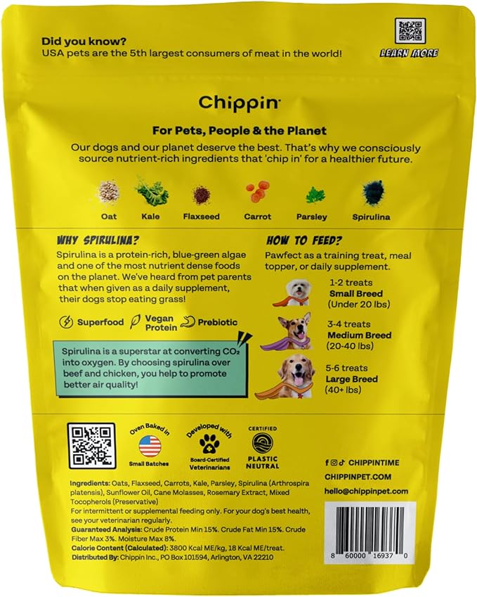 Chippin Natural Dog Treat, Spirulina, Kale Carrots, Healthy Meal Topper, Crunchy Vegan Dog Biscuit for Puppies, Seniors, Stops Grass Eating, Hypoallergenic, Gift, Sustainable Product