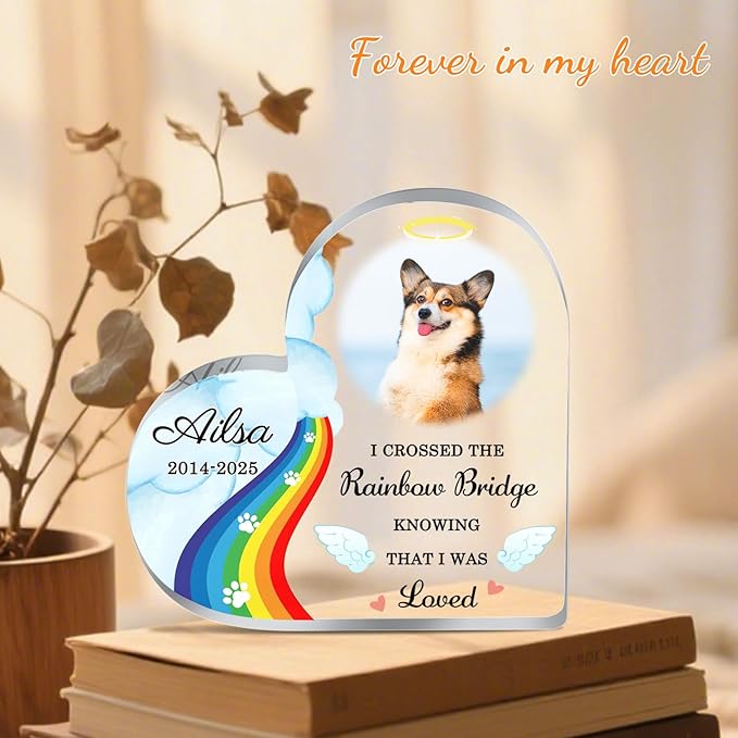 Custom Pet Memorial Plaque Gifts Rainbow Bridge Dog Memorial Gifts Personalized Pet Heart Shape Acrylic Plaque Pets Loss Sympathy Gift Dog Passed Away Gifts Cat Sympathy Bereavement Remembrance Gift